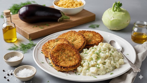 Auberginenschnitzel mit Sahnekohlrabi