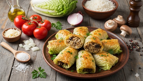 Chinakohl Röllchen mit Reisfüllung und Champignonsauce