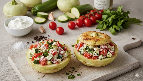 Kohlrabi gefüllt mit Tomaten, Zucchini und Frischkäse