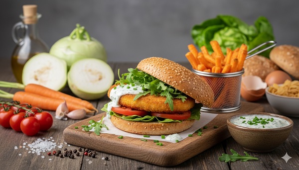 Kohlrabischnitzelburger mit Karottenpommes und Dip