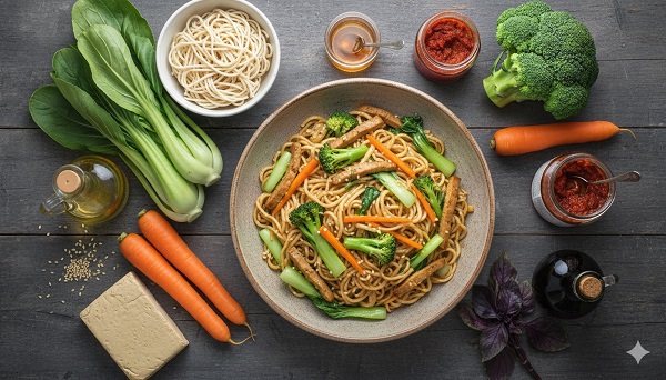 Pak Choi mit gebratenen Nudeln