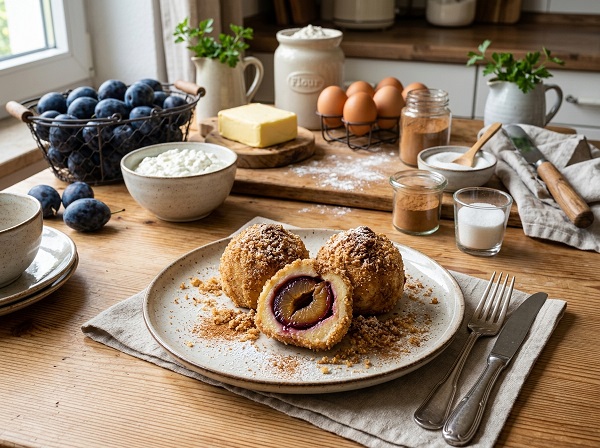 Zwetschgenknödel mit Zucker und Zimt