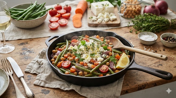 Stangenbohnen mit Karotten, Feta und Kichererbsen