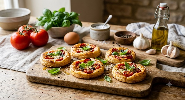 Tomaten Knoblauch Basilikum auf Blätterteig