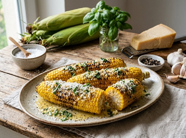 Maiskolben mit Parmesan-Basilikum-Butter, gegrillt