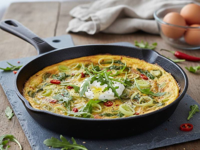 Lauch und Rucola in würziger Eierpfanne